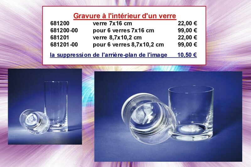 Gravure intérieur verre à partir de 22,00 € hors frais d&#39;emballages et livraison 12,50 € par commande