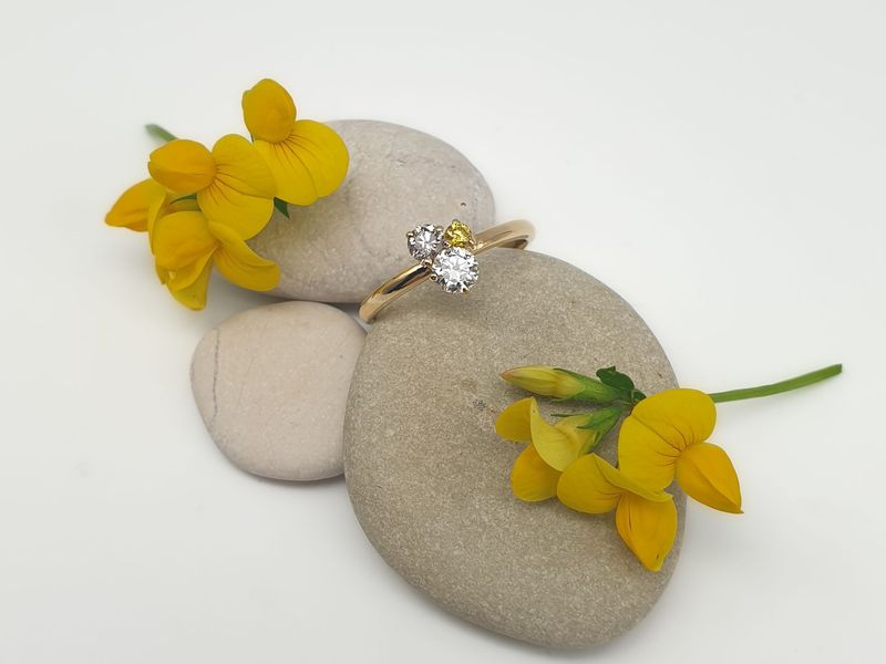 Anello Trio in oro giallo con diamanti naturali bianco, giallo e brown