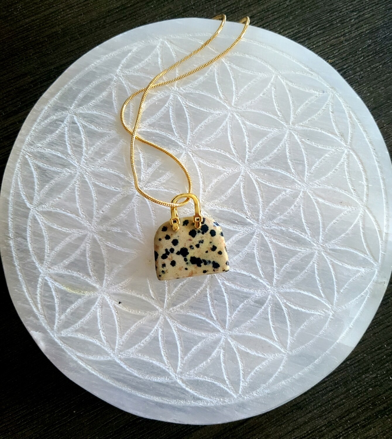 Clutch Crystal Pendant, Clutch purse pendant: Dalmatian Jasper