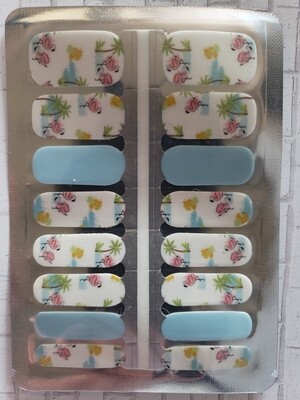 213- Sky Blue, White Pink Flamingos, Palms