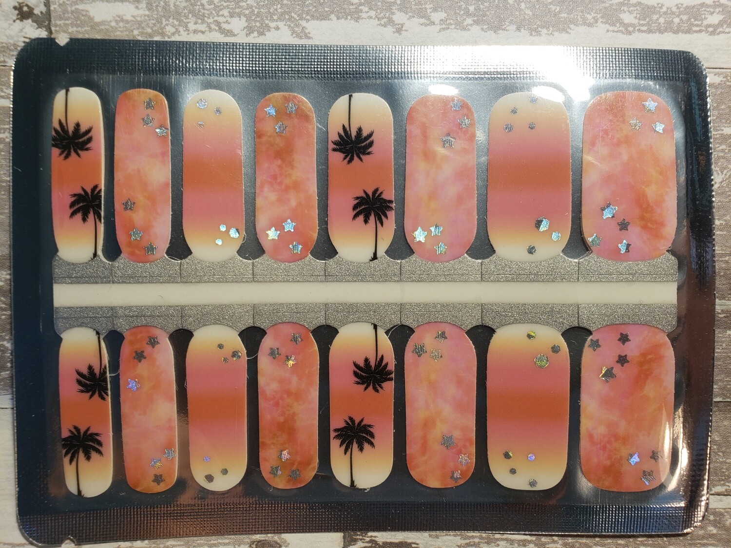549- Peach Tropics Palm Silver Foil Stars