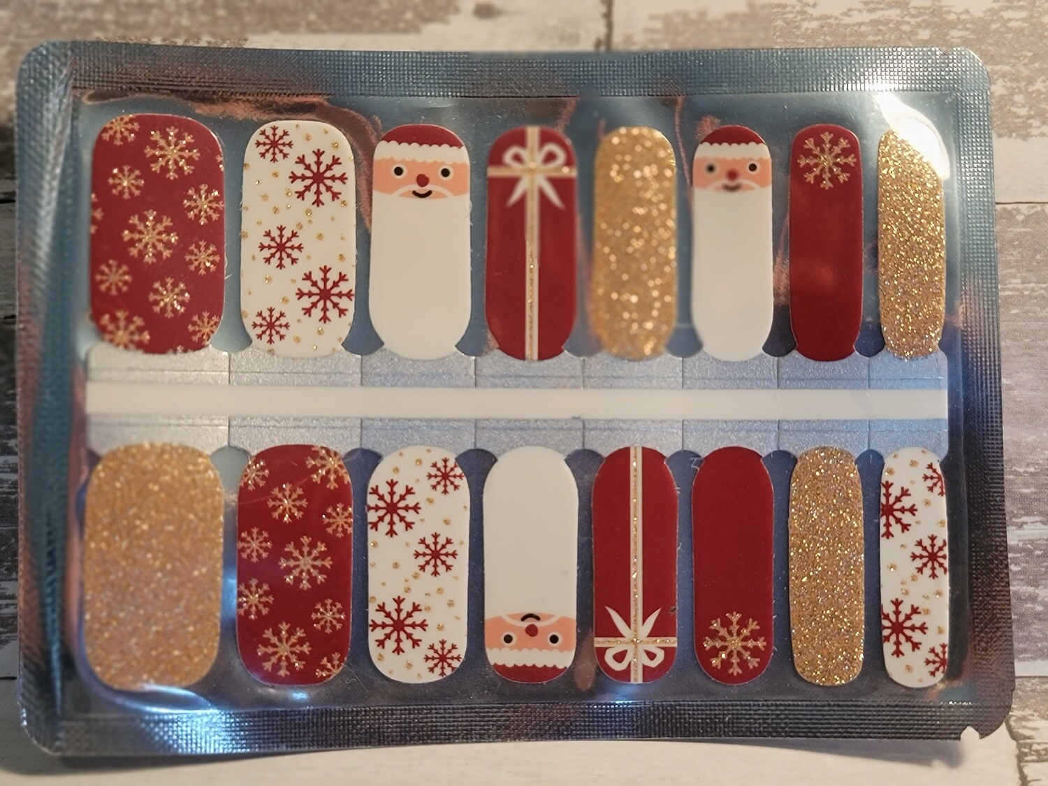 C108- Red, Gold Glitter, White Santa