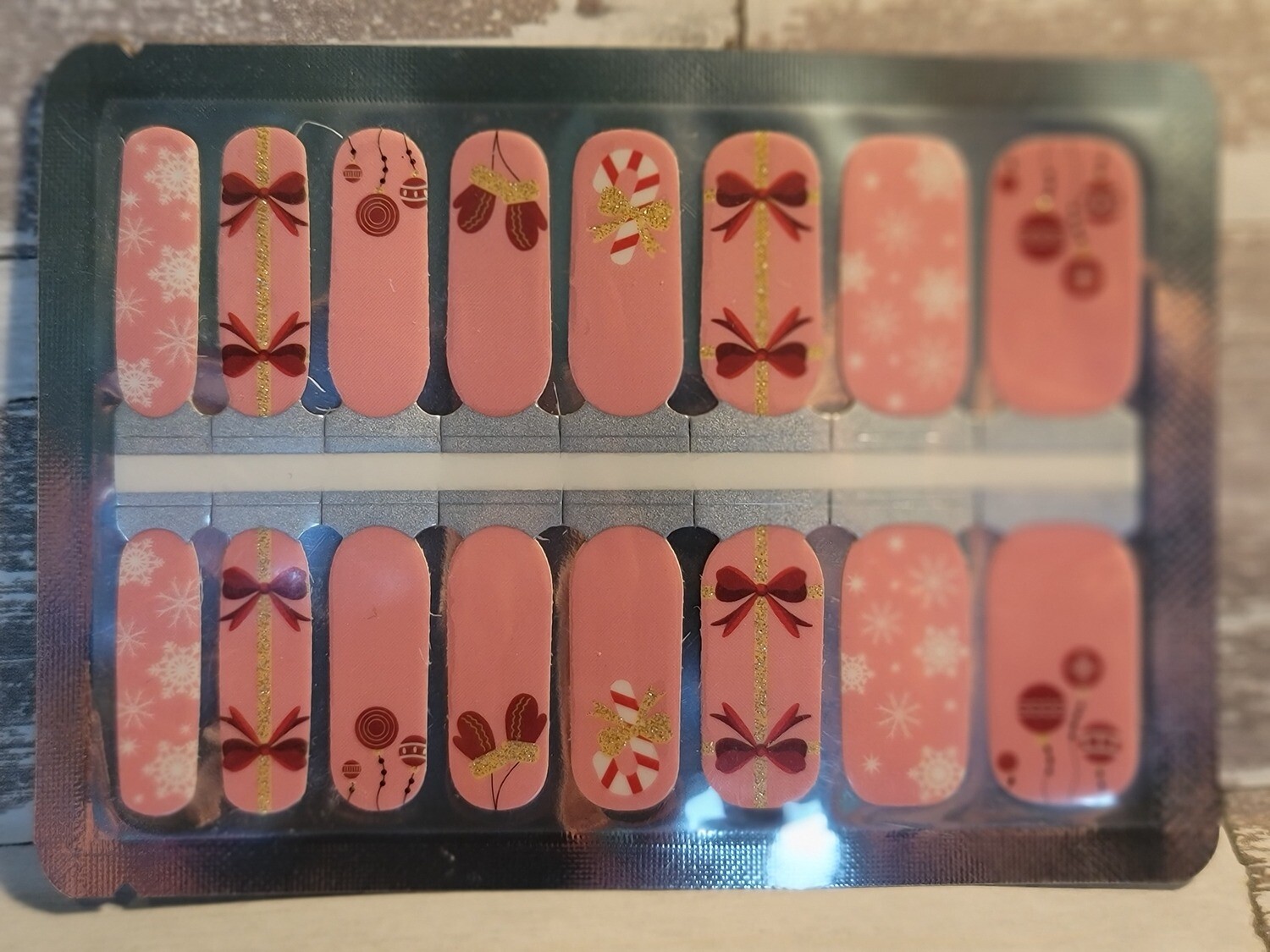 C112- Pink Red- Candy Canes, Mittens, Snowflakes, Bulbs and Bows (Gold Glitter)