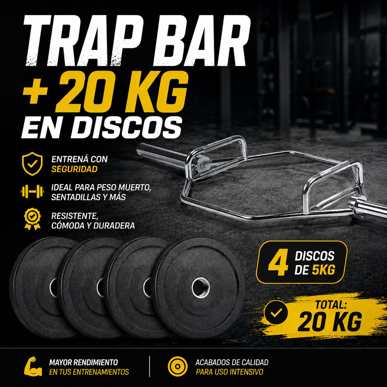 COMBO BARRA TRAP BAR+ 20 KG DISCOS BUMPER RECICLADO