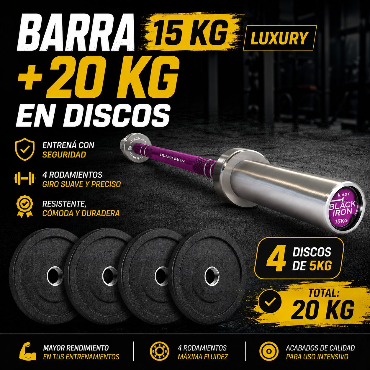 KIT DE BARRA LADY LUXURY 15KG+20 KG DISCOS