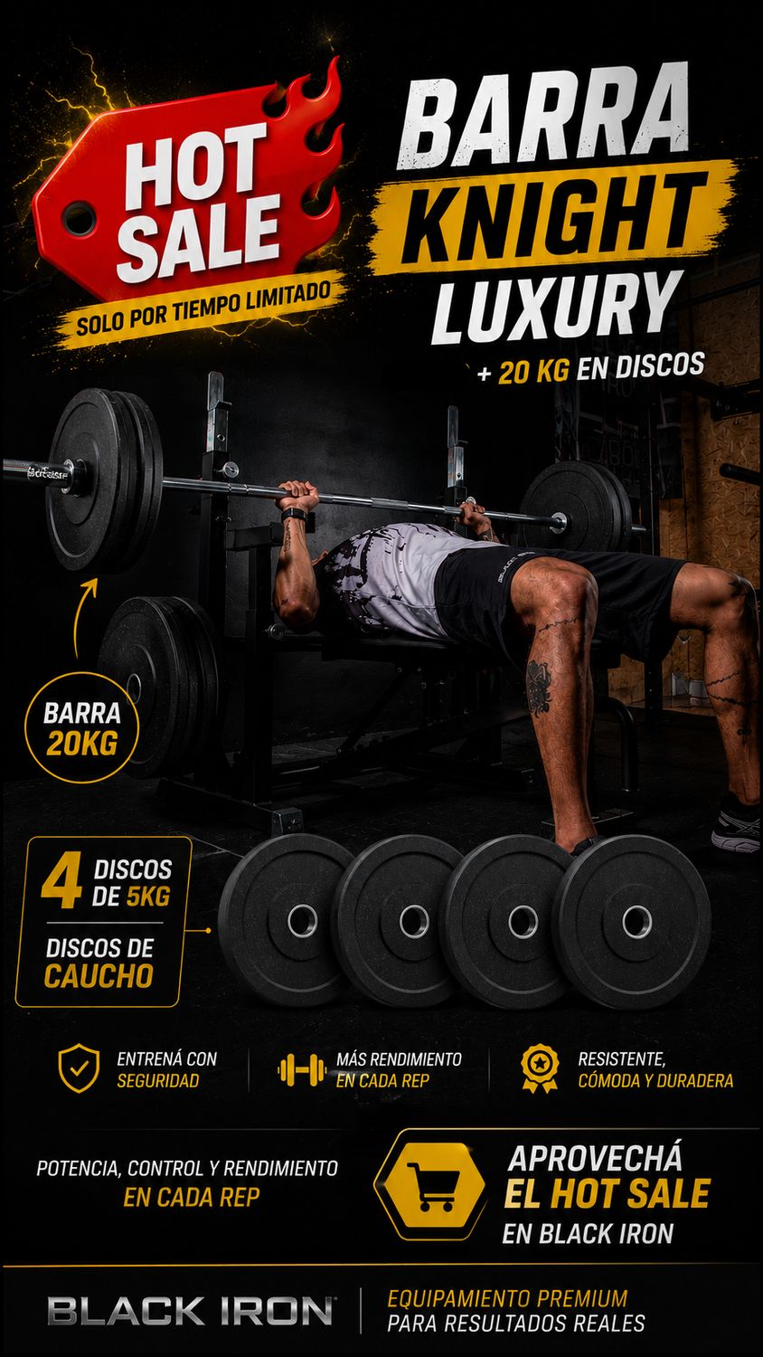 COMBO BARRA OLIMPICA 20 KG KNIGHT ROD. + 20 KG EN DISCOS BUMPER
