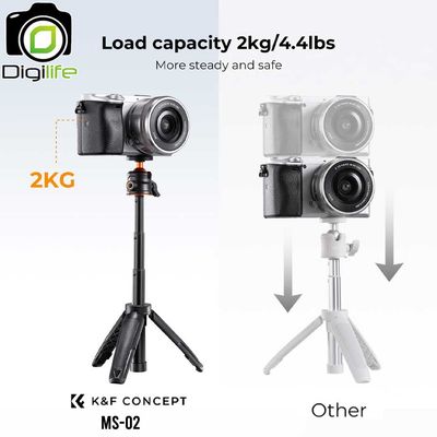 K&F Concept MS-02 Mini Stand & Selfie Stick ขาตั้งกล้อง และไม้เซลฟี่ ขนาดพกพา พร้อม รีโมท, ตัวจับมือถือ