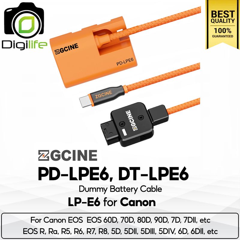 ZGCINE Battery PD-LPE6, DT-LPE6 Dummy Battery Cable สำหรับ ใช้แทน Canon Battery LP-E6 ( USB Type-C, D-Tap Port )