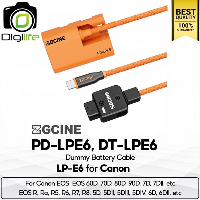 ZGCINE Battery PD-LPE6, DT-LPE6 Dummy Battery Cable สำหรับ ใช้แทน Canon Battery LP-E6 ( USB Type-C, D-Tap Port )