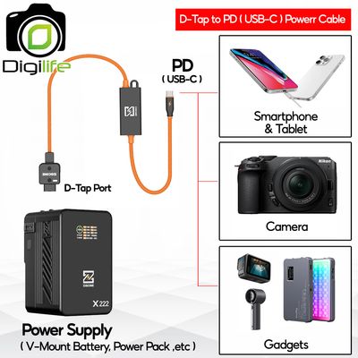 ZGCINE Cable DT-PD ( D-Tap to USB-C ) 20 inch ( 50cm. ) for V-Mount Battery, Power Pack, Camera, Phone, etc