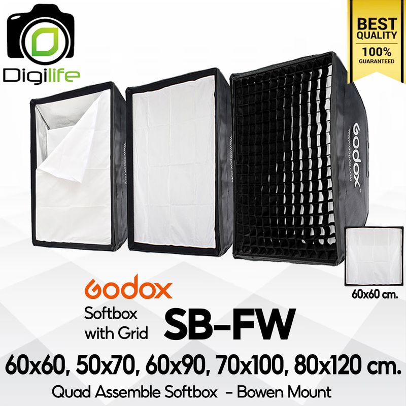 Godox Softbox SB-FW 60*60, 50*70, 60*90, 70*100, 80*120cm. Quad Assemble Softbox -With Grid - Bowen Mount Godox Softbox SB-FW 60*60, 50*70, 60*90, 70*100, 80*120cm. Quad Assemble Softbox -With Grid - Bowen Mount