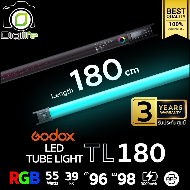 Godox LED TL180 - 55W, RGB, CCT 2700-6500K, Stick & Tube, Lithium Battery / Digilife Thailand Godox LED TL180 - 55W, RGB, CCT 2700-6500K, Stick & Tube, Lithium Battery / Digilife Thailand