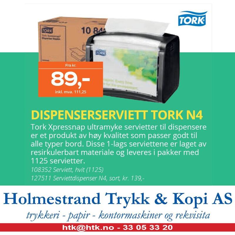 Dispenserserviett TORK N4 1L hvit (1125)