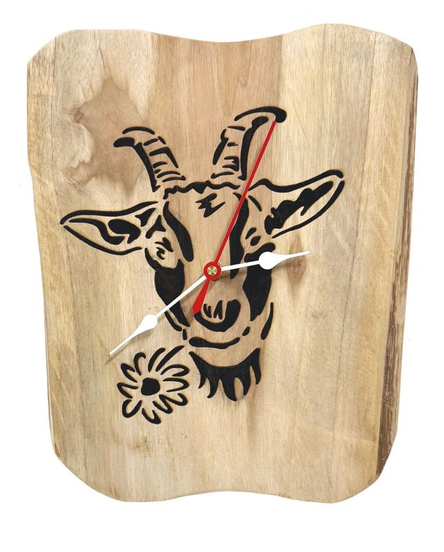 Wanduhr aus Teakholz – Motiv Ziege
