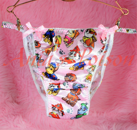 SALE Ania's Poison Pink Patrol Puppies Print Super Rare 100% polyester SATIN string bikini sissy mens underwear panties L ONLY