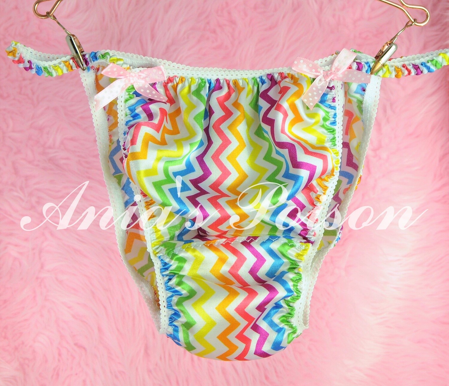 Ania's Poison chevron stripe rainbow pride Super Rare 100% polyester SATIN string bikini sissy mens underwear panties