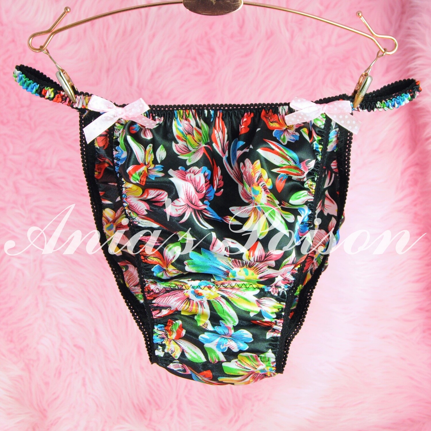 Ania's Poison summer neon floral black print 100% polyester SATIN string bikini sissy mens underwear panties