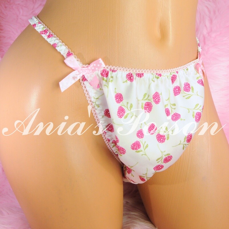Ania's Poison summer white raspberry girly print 100% polyester SATIN string bikini sissy mens underwear panties