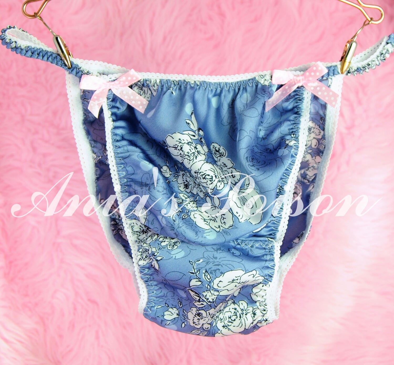 Ania's Poison summer pink or blue polka dot floral print 100% polyester SATIN string bikini sissy mens underwear panties