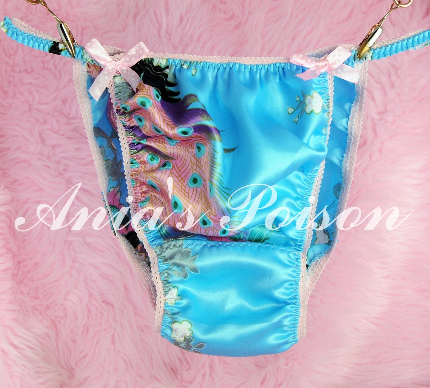 Rare Soft as silk Blue peacock Asian satin sissy string bikini panties for men