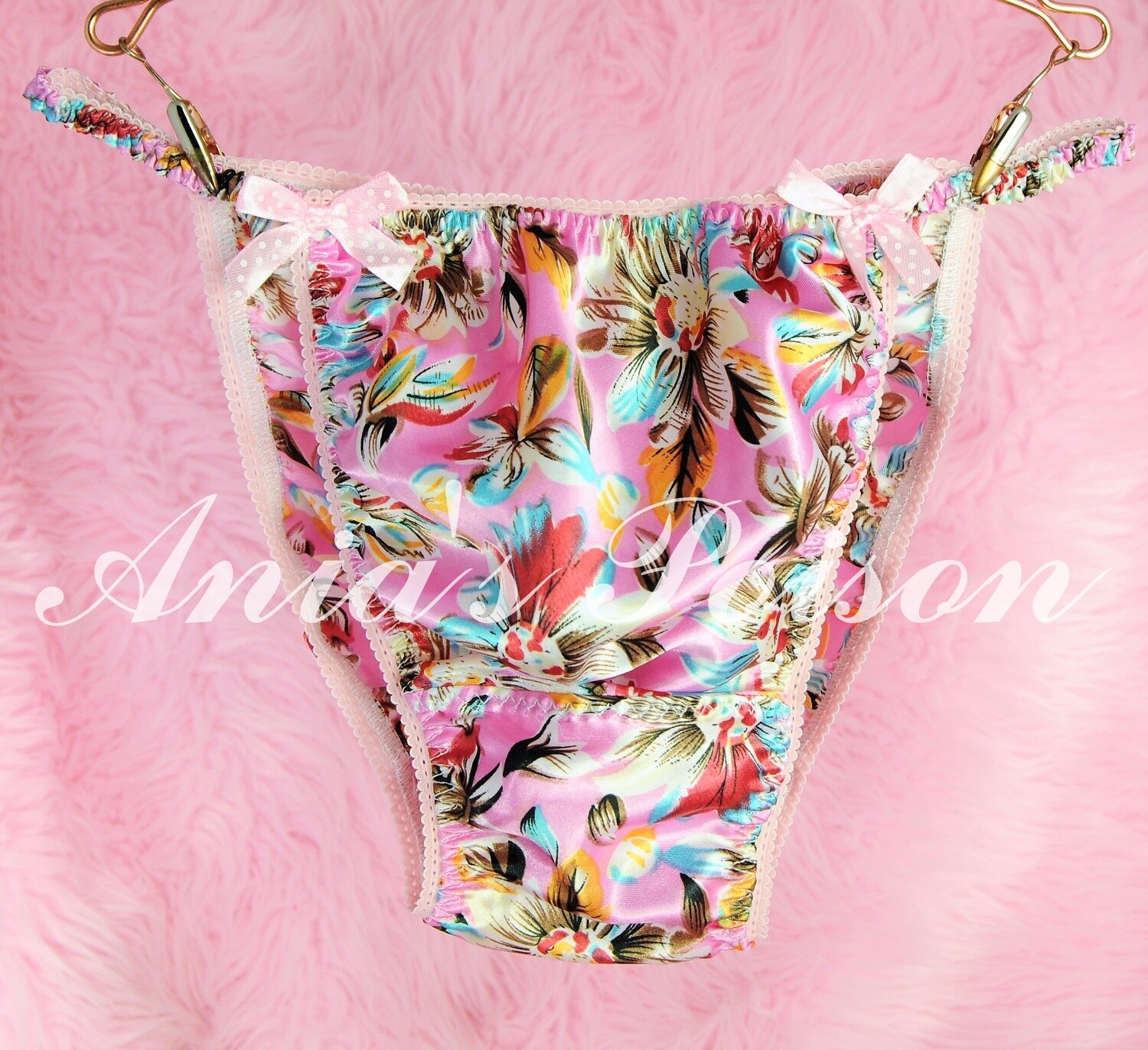 Ania's Poison summer Hawaiian floral Pink print 100% polyester SATIN string bikini sissy mens underwear panties