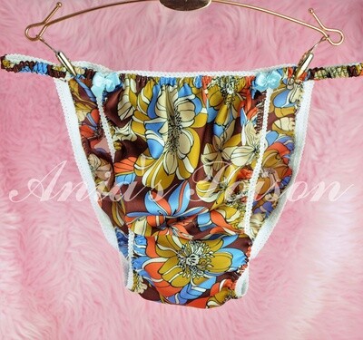 Ania's Poison summer floral Hawaiian Hippie print 100% polyester SATIN string bikini sissy mens underwear panties