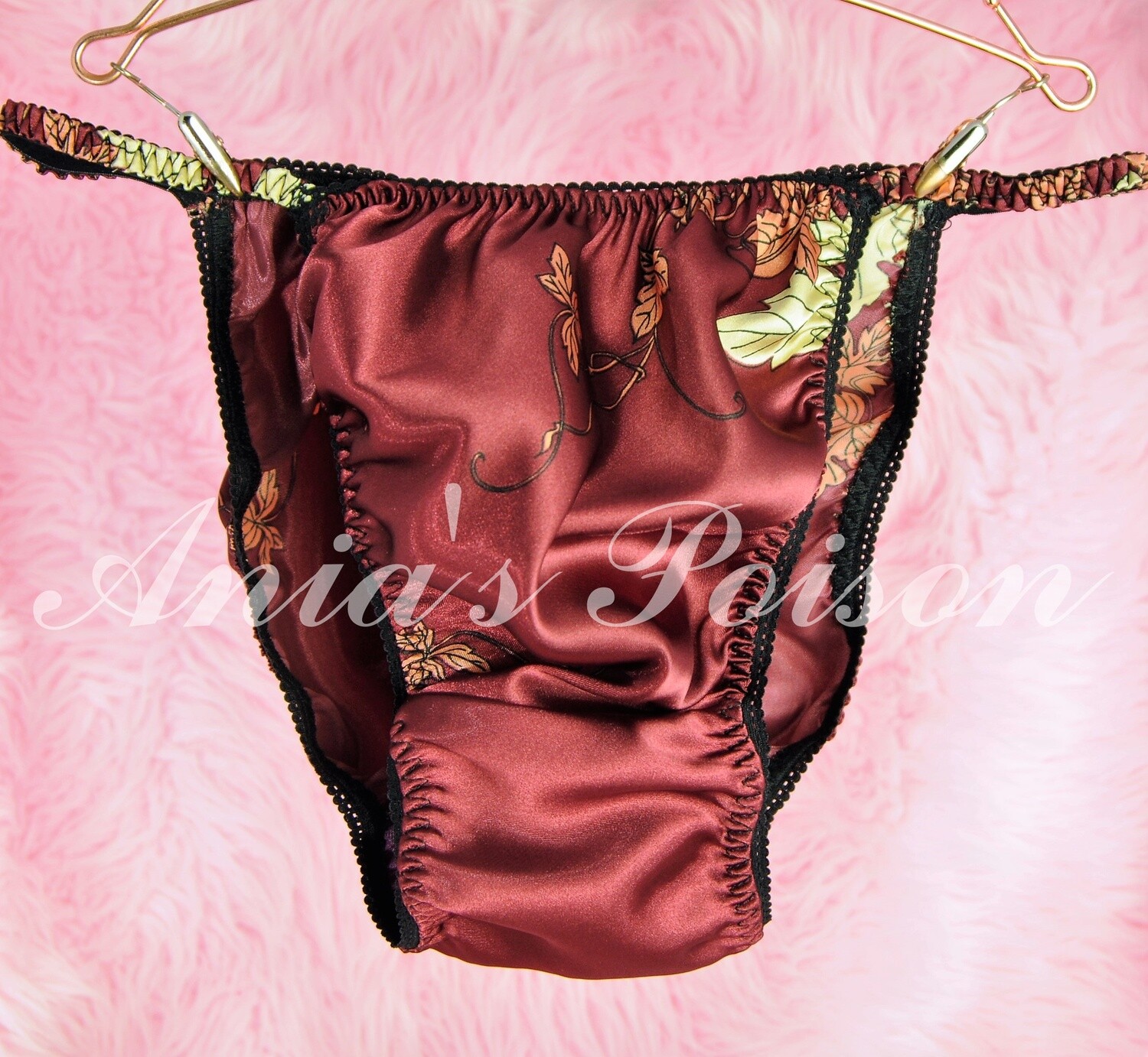 Ania's Poison Wetlook Fall print Burgundy Slippery 100% polyester SATIN string bikini sissy mens underwear panties - Wearable Art