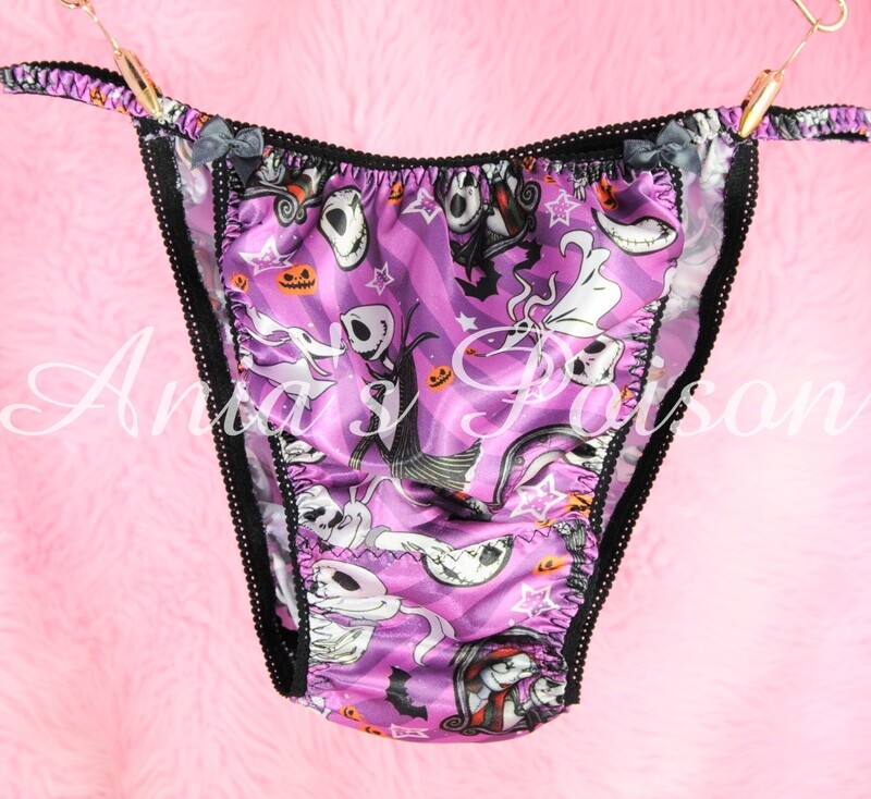 Ania's Poison Jack Pumpkin King and Sally Halloween Print Super Rare 100% polyester SATIN string bikini sissy mens underwear panties