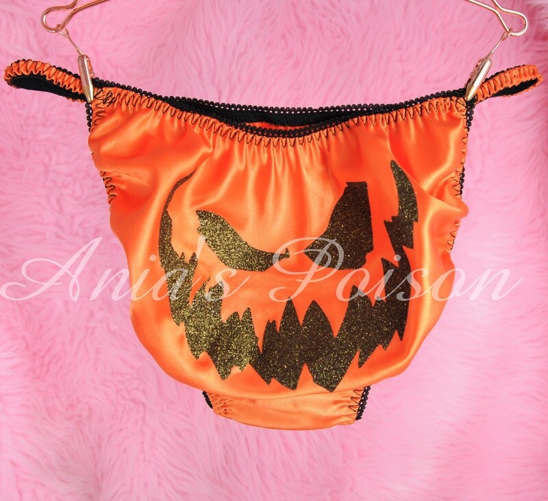 Ania's Poison jack-o-lantern carved pumpkin face Halloween 100% polyester SATIN string bikini sissy mens underwear panties