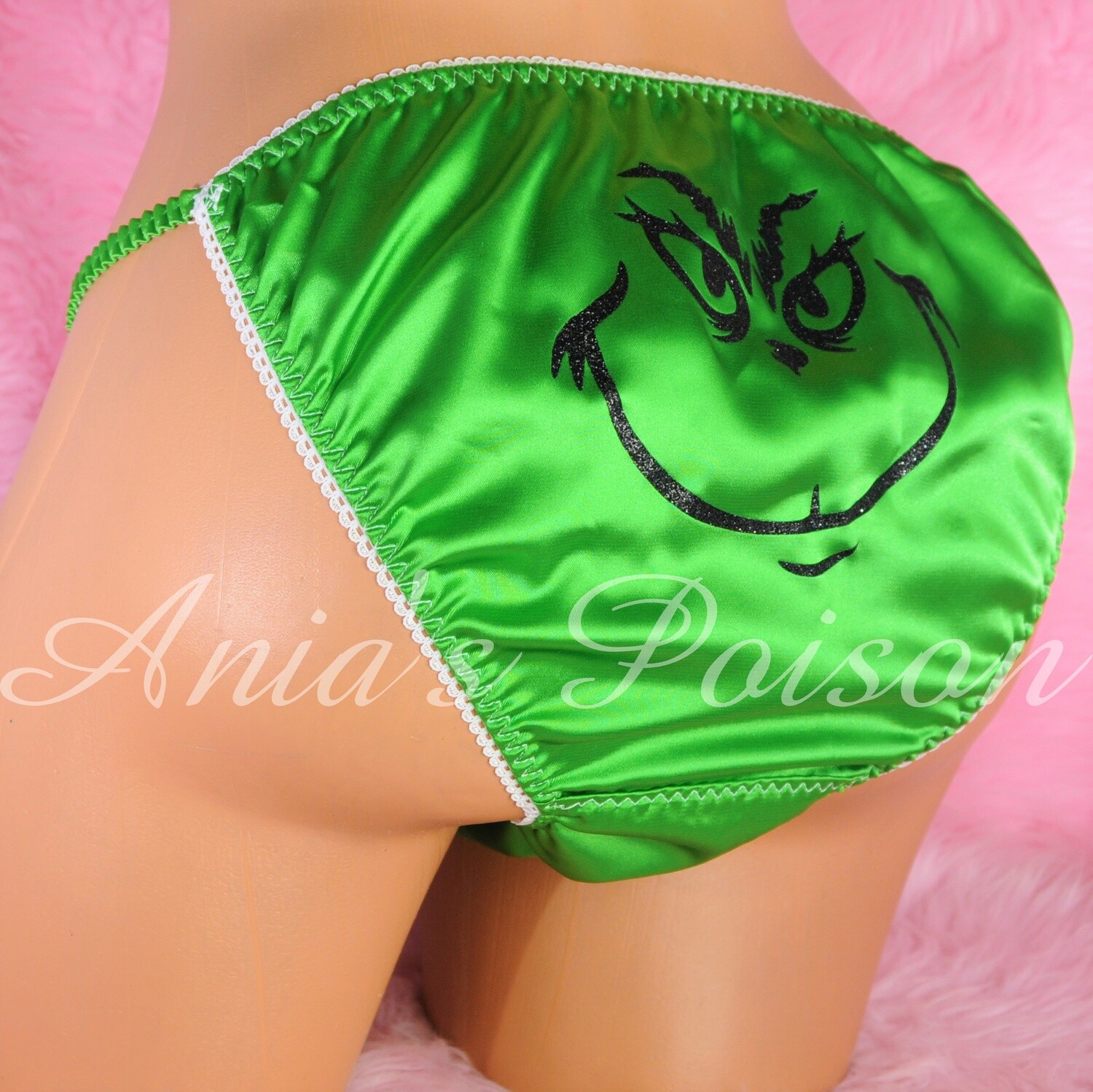 Ania's Poison Christmas Edition 100% polyester silky soft Grinch Face string bikini sissy mens underwear panties