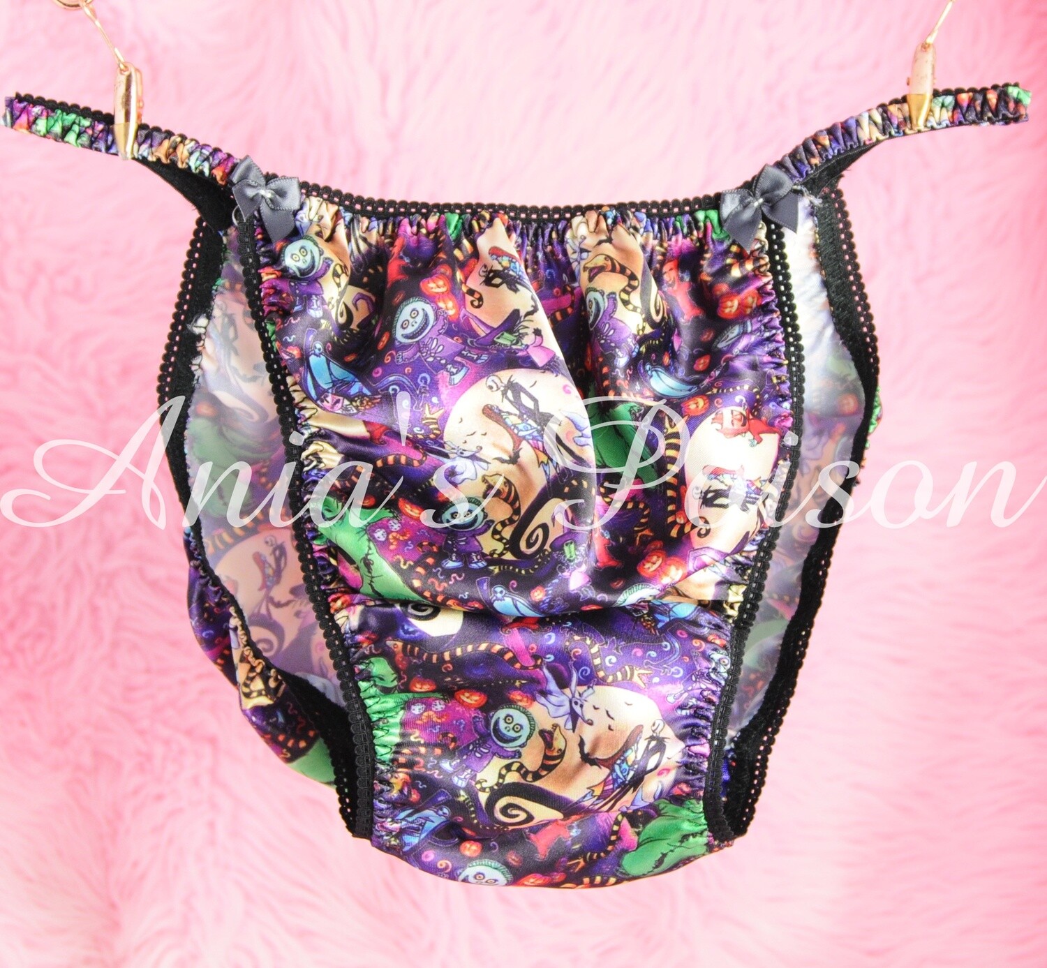 Ania's Poison Jack Skellington and friends bright and beautiful Halloween Print Super Rare 100% polyester SATIN string bikini sissy mens underwear panties SUPER LIMITED!