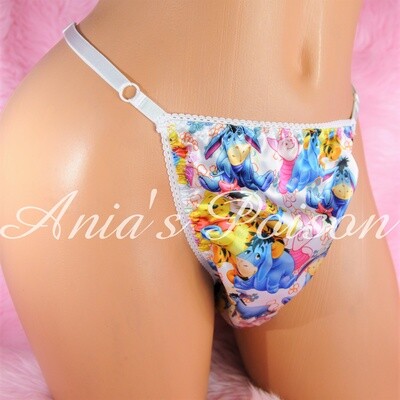 sissy Satin thong SATIN Cartoon Bear sissy men's soft shiny Triangle T thong panties ADJUSTABLE sides underwear panties