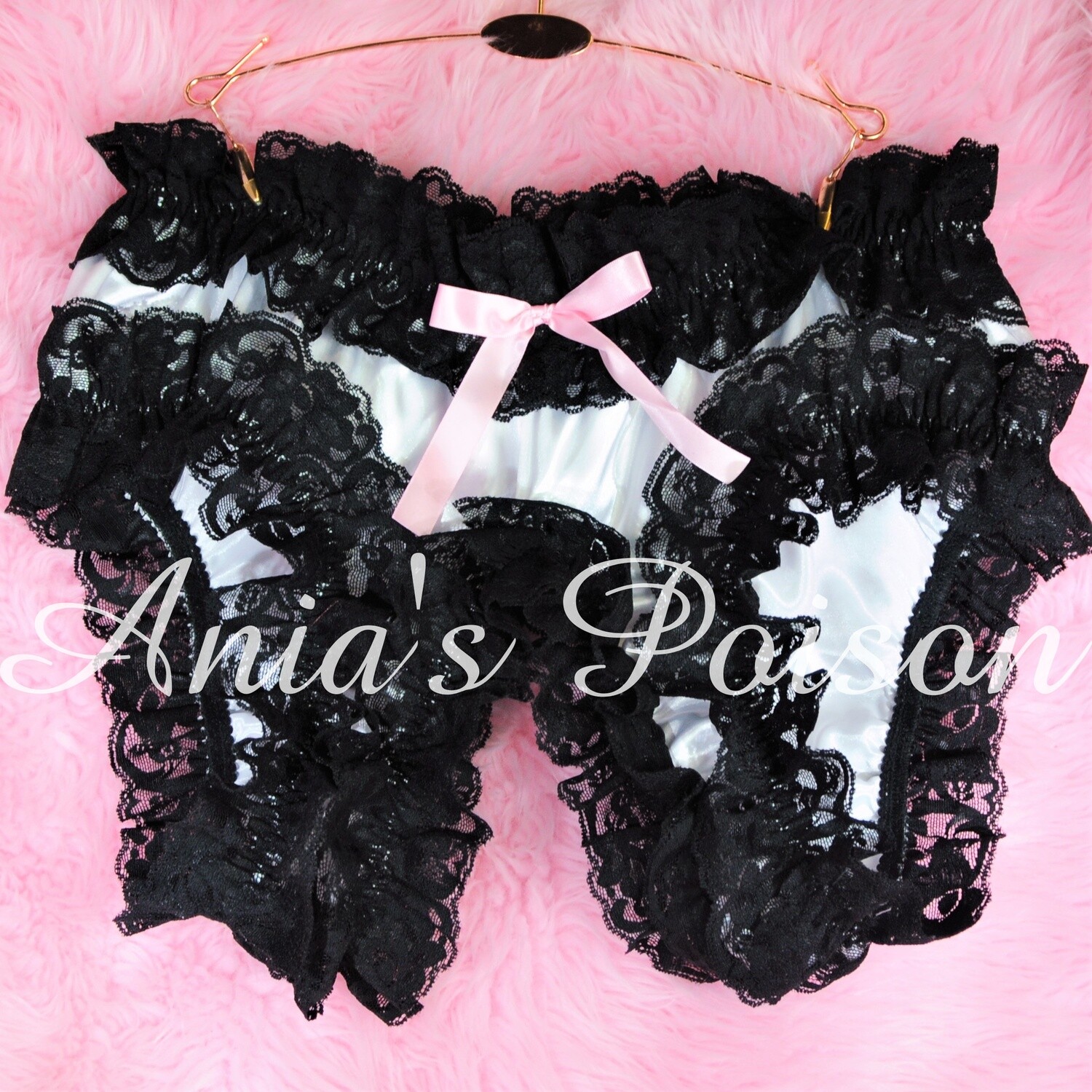 Sissy Spanking Maid satin high cut super frilly open crotch shiny crotchless unisex humiliation lace panties Black and Whites