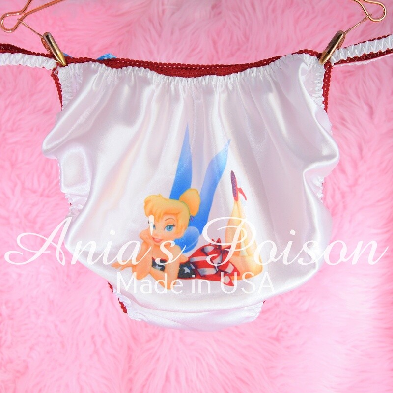 July 4th Pink Tinkerbell red white and blue shiny Satin string bikini panties