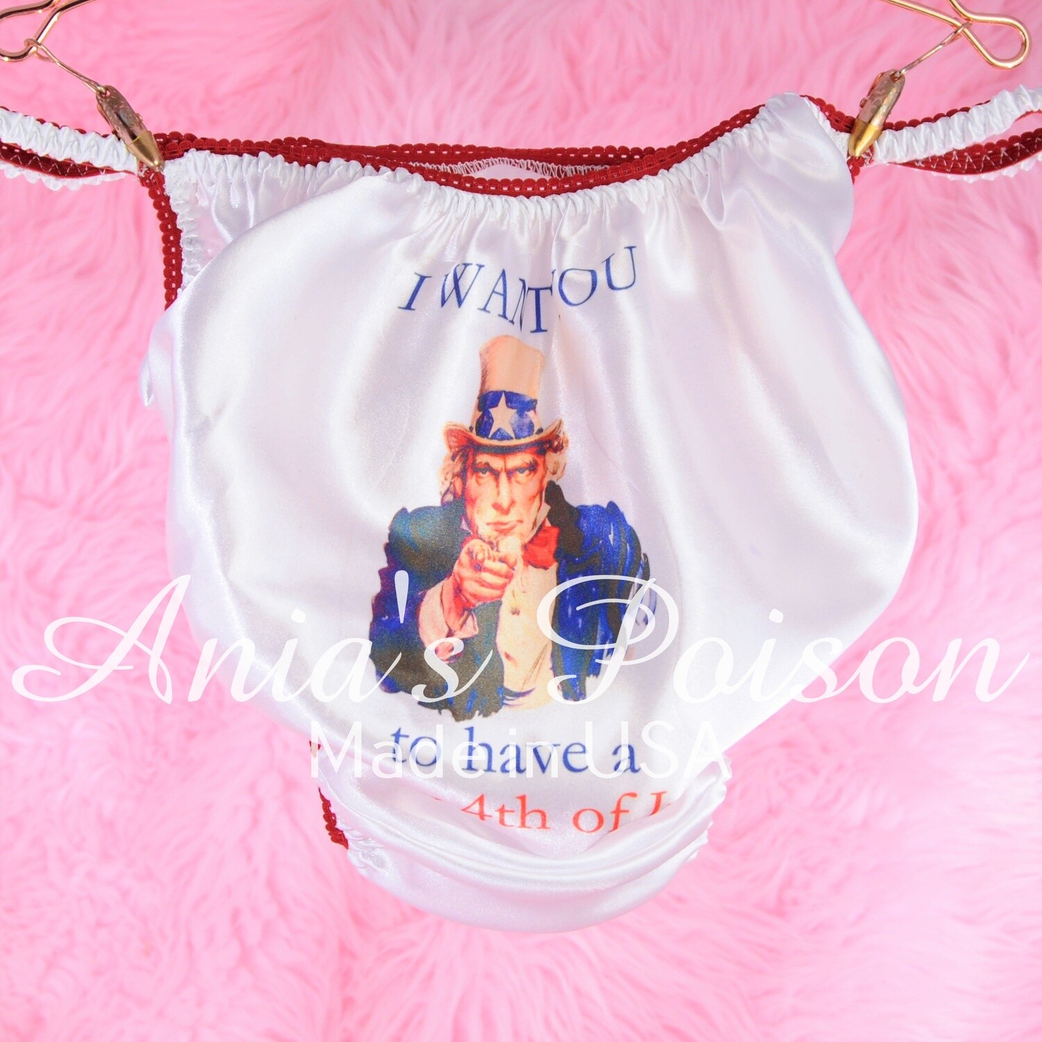 July 4th Uncle Sam limited edition red white and blue shiny Satin string bikini panties