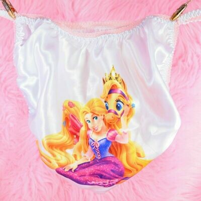 White Rare Rapunzel Tangled Princess with horse, classic shiny Satin string bikini panties - Sissy Princess RARE