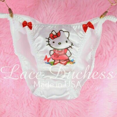 Lace Duchess Classic 80's cut Hello Kitty Garden Cat Character movie print satin wet look panties sz 5 6 7 8