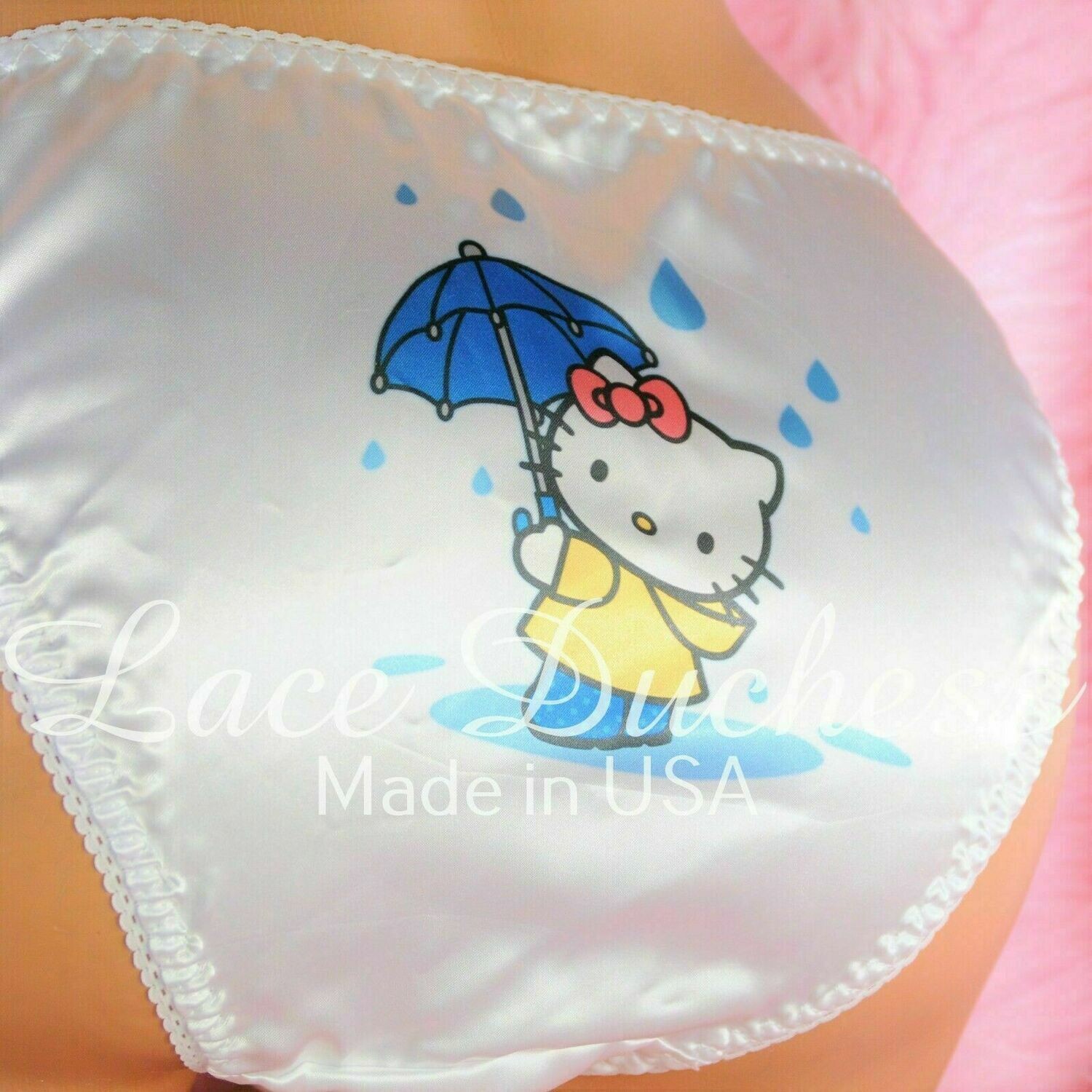 Lace Duchess Classic 80's cut Hello Kitty Raining Character movie print satin wet look panties sz 5 6 7 8