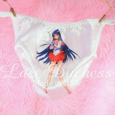 Lace Duchess Classic 80's cut Classic Red Sailor Scout Mars Sailor Moon print satin wet look panties sz 5 6 7 8