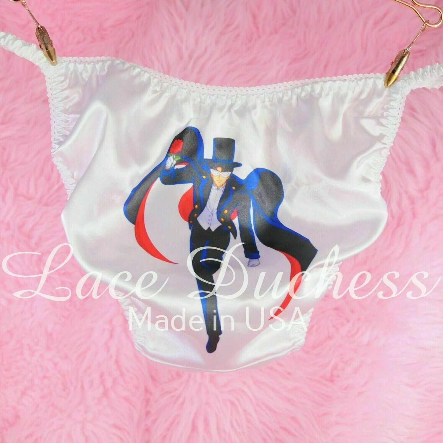 Lace Duchess Classic 80's cut Masked Tuxedo Sailor Moon Character movie print satin wet look panties sz 5 6 7 8