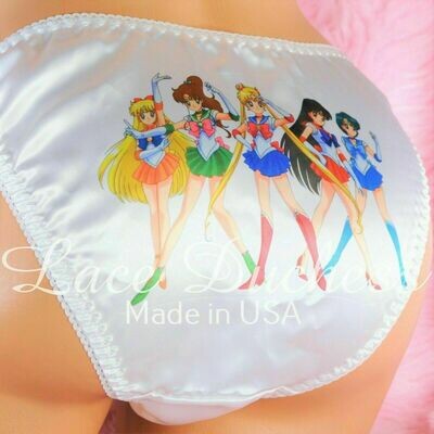 Lace Duchess Classic 80's cut Classic Sailor Moon Character Group of Scouts movie print satin wet look panties sz 5 6 7 8