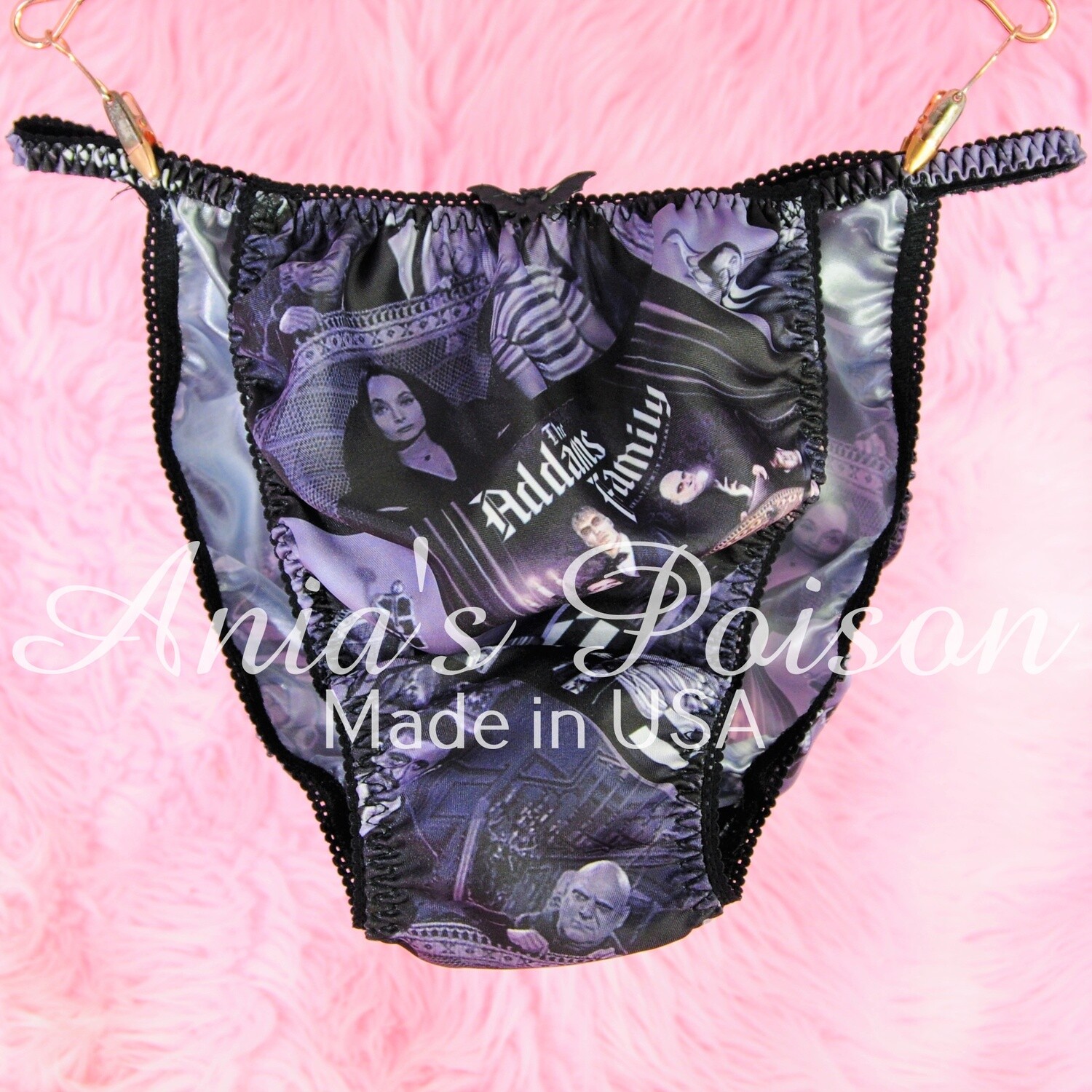 Halloween Print Addams Family Super Rare 100% polyester SATIN string bikini sissy mens underwear panties