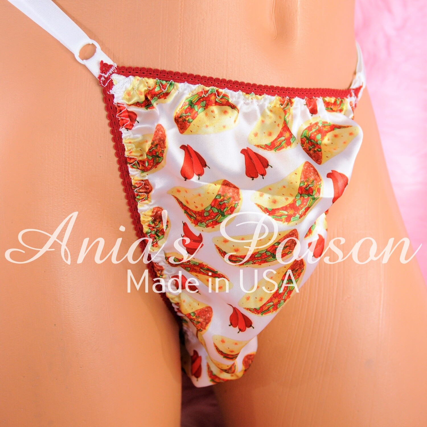 sissy thong SATIN TACO Hot Pepper print sissy men's soft shiny Triangle T thong panties ADJUSTABLE sides underwear panties