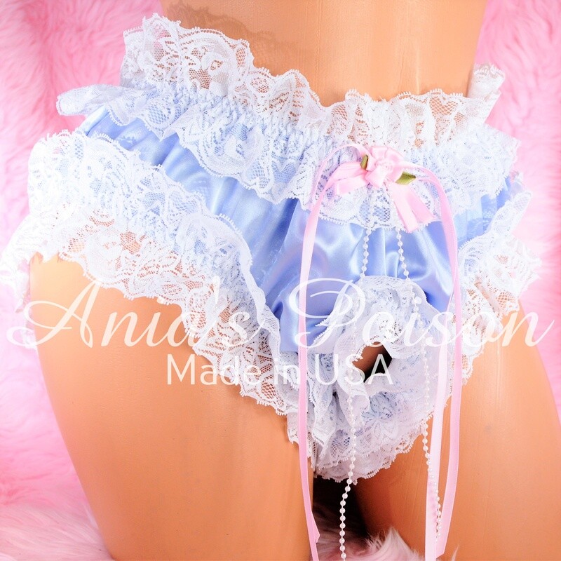 Sissy Spanking Maid satin high cut super frilly open crotch shiny crotchless unisex humiliation lace panties