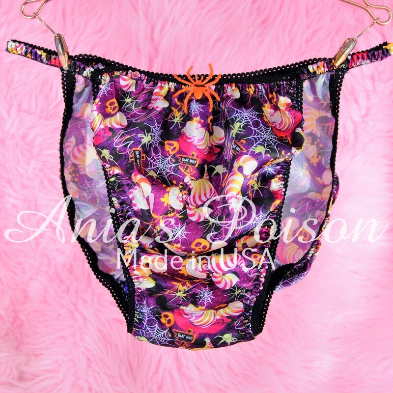 Halloween Print Cheshire Cat Spiders Skulls 100% polyester SATIN string bikini sissy mens underwear panties