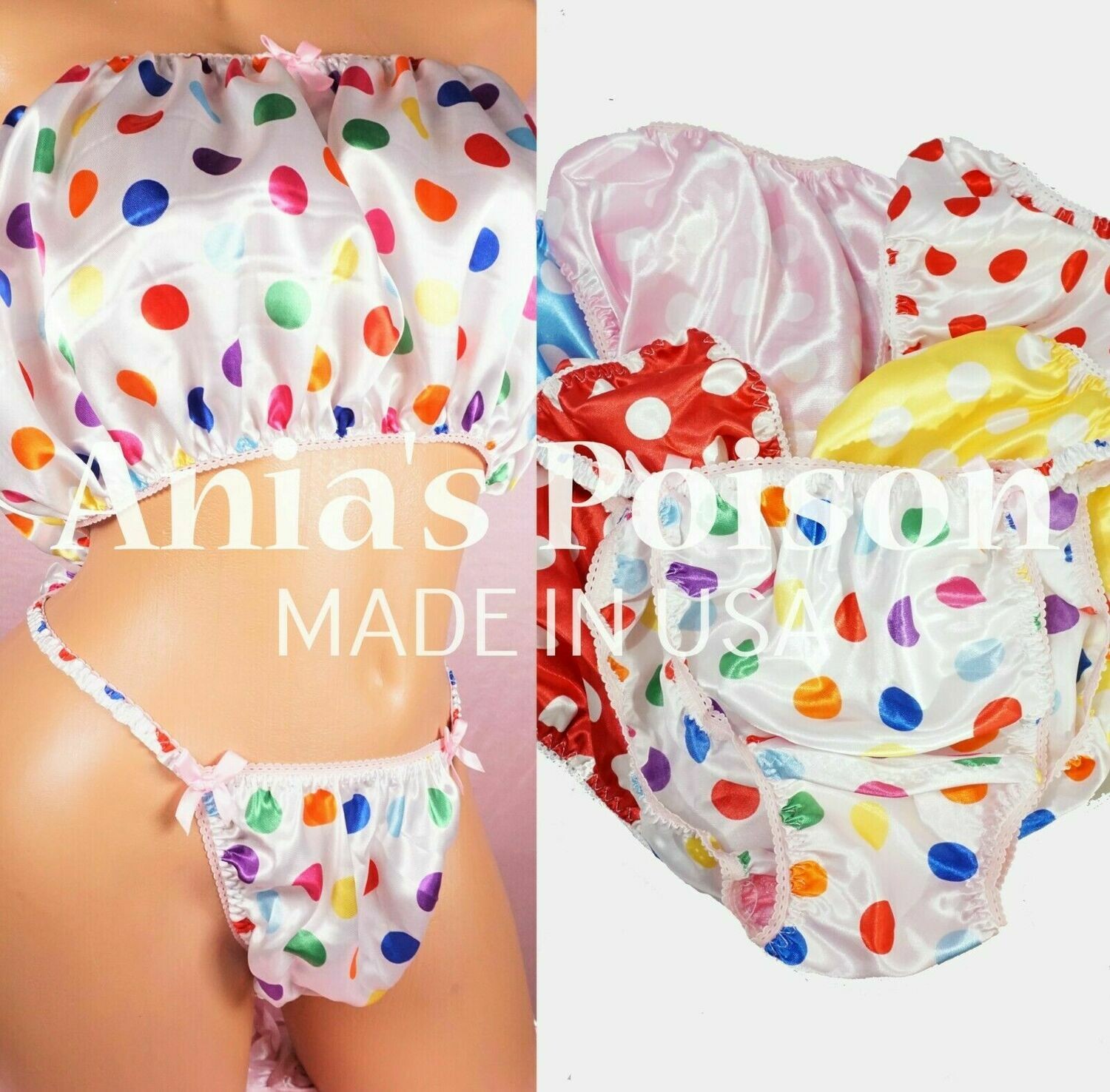 Ania's Poison MANties S - XXL Polka Dot White Trim shiny Rare 100% polyester string bikini sissy mens underwear panties Bra or Skirt!