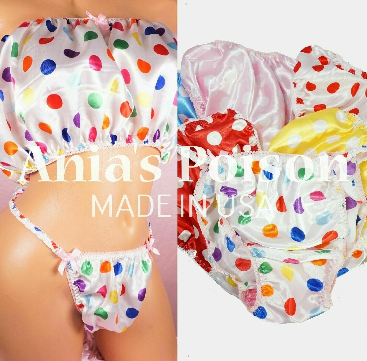 Ania's Poison MANties S - XXL Polka Dot White Trim shiny Rare 100% polyester string bikini sissy mens BRA Bandeau