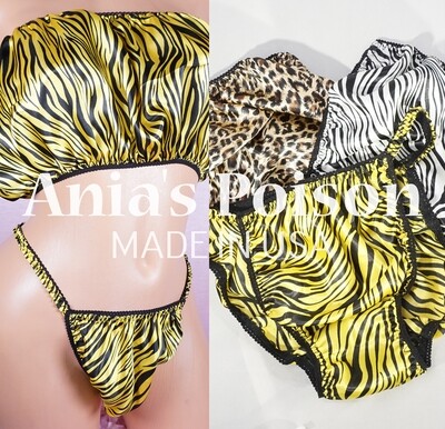 Ania's Poison Animal Prints shiny Rare 100% polyester string bikini sissy mens underwear panties or bra or skirt