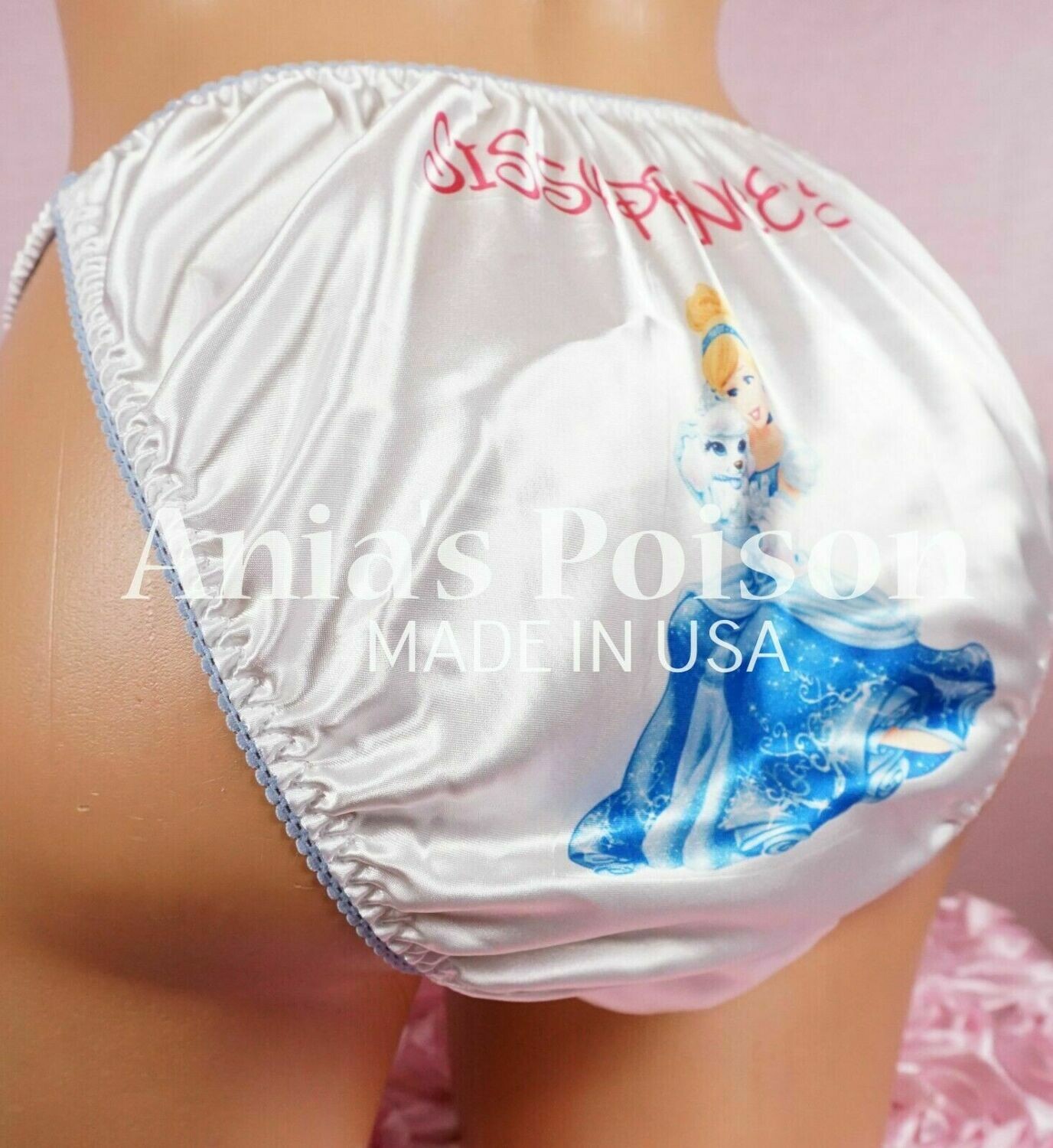 Rare classic Blue Princess with animals, classic shiny Satin string bikini panties - Sissy Princess RARE