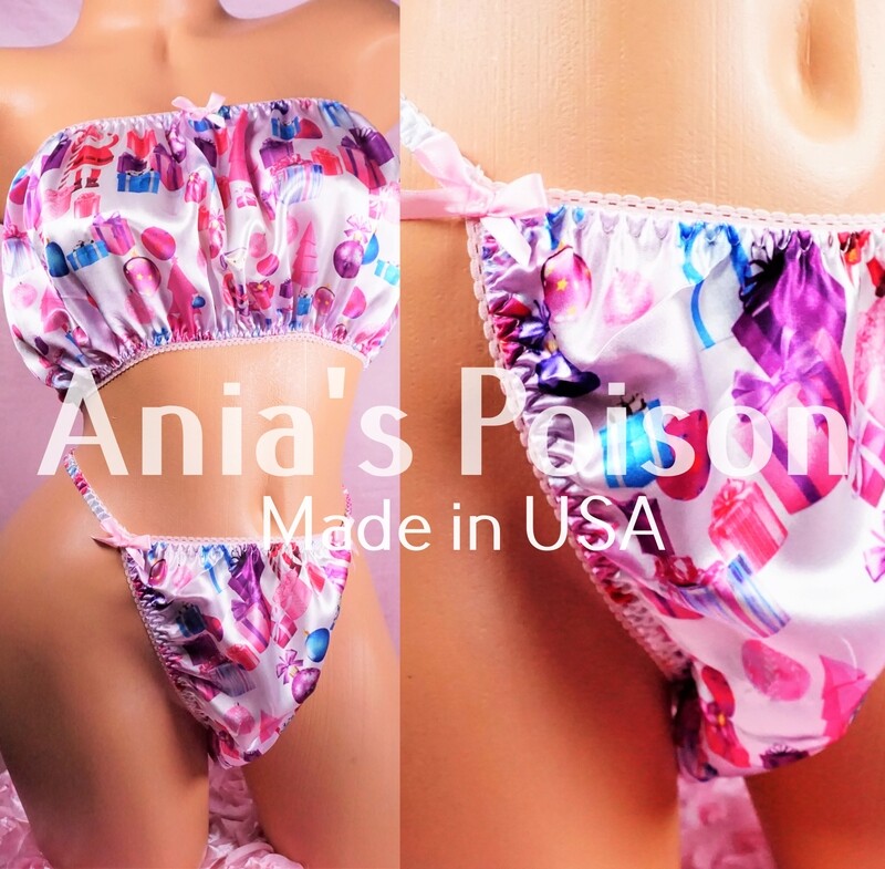 Ania's Poison Christmas Pink Gifts Cute Santa Print 100% polyester silky soft string bikini sissy mens underwear panties